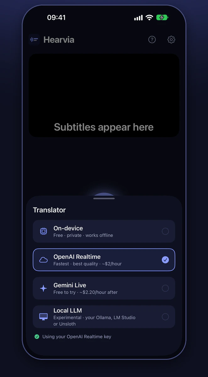 Hearvia's translator picker on iPhone, listing On-device, OpenAI Realtime, Gemini Live and Local LLM.